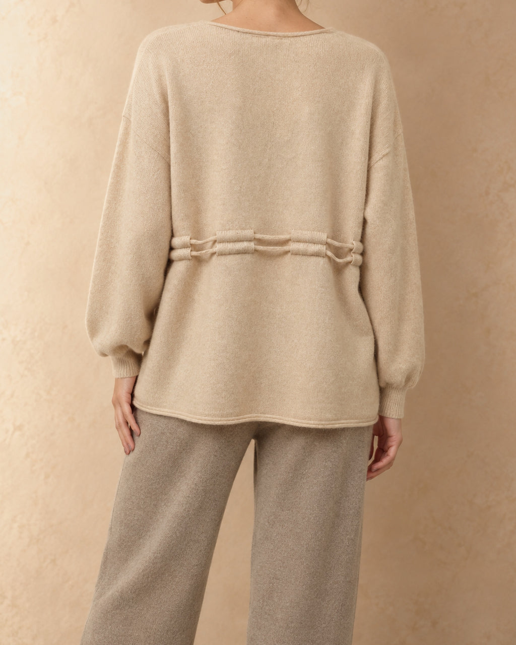 Yarrow Cashmere Drawstring V-Neck Sweater, Beige, back view