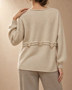 Yarrow Cashmere Drawstring V-Neck Sweater, Beige, detail view