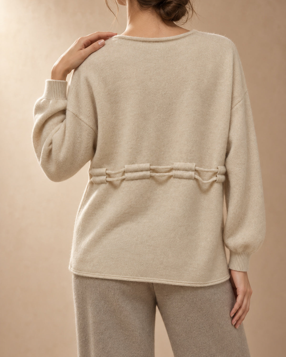 Yarrow Cashmere Drawstring V-Neck Sweater, Beige, detail view