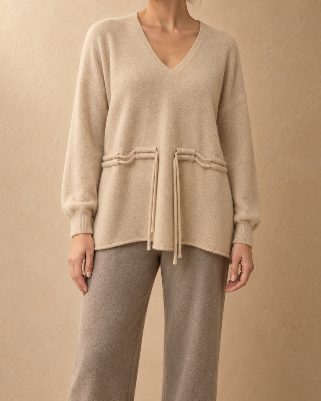 Yarrow Cashmere Drawstring V-Neck Sweater, Beige, front view