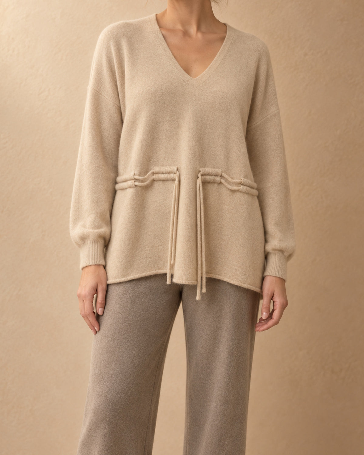 Yarrow Cashmere Drawstring V-Neck Sweater, Beige, front view