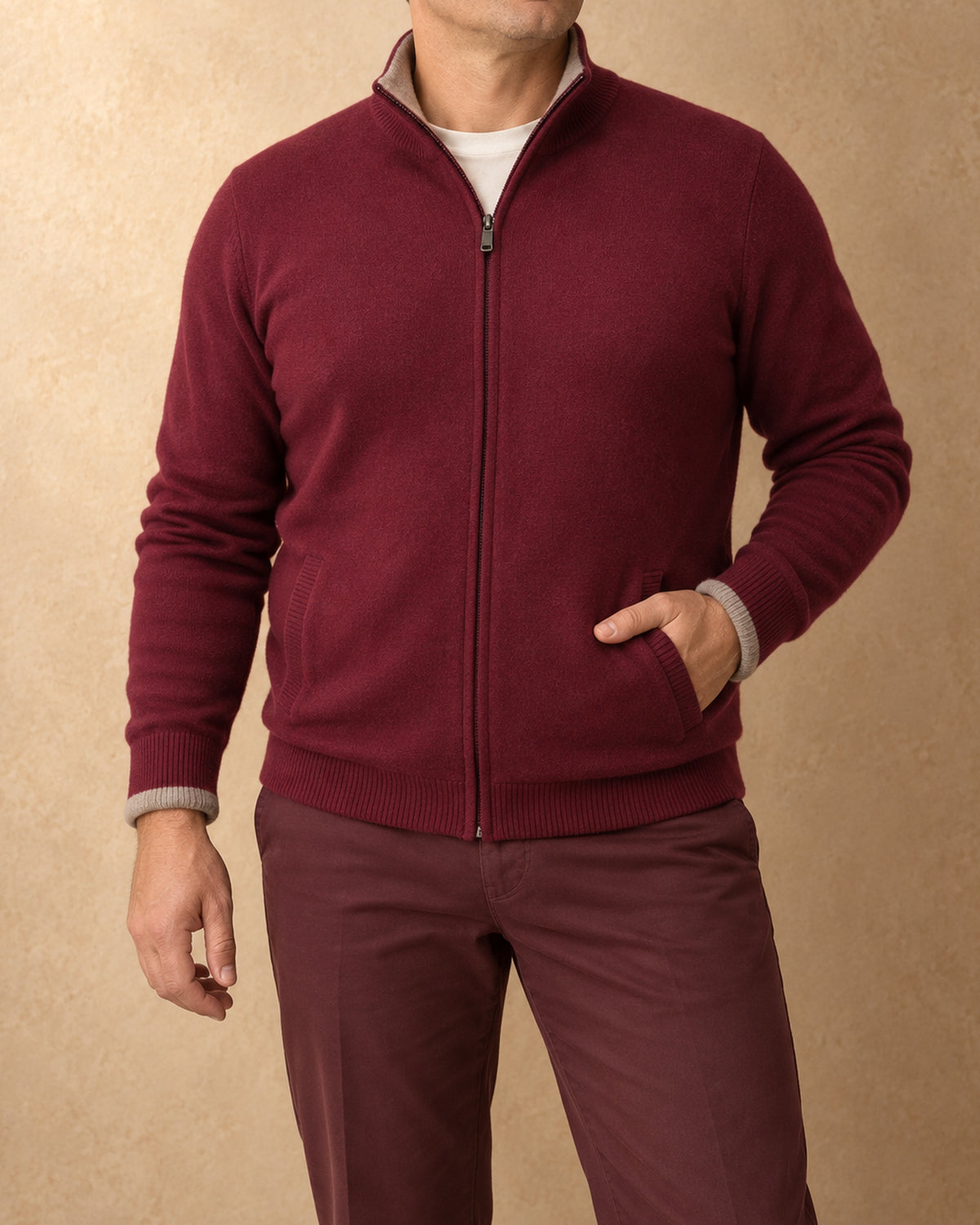 Ulz Cashmere Reversible Zip Cardigan, Burgundy / Grey-beige, front view