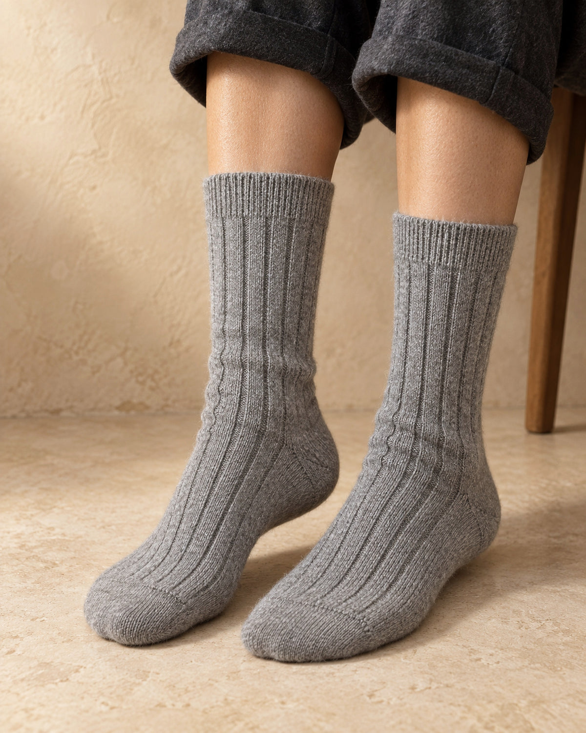 Thick Ribbed Socks in Cashmere, Grey, worn view