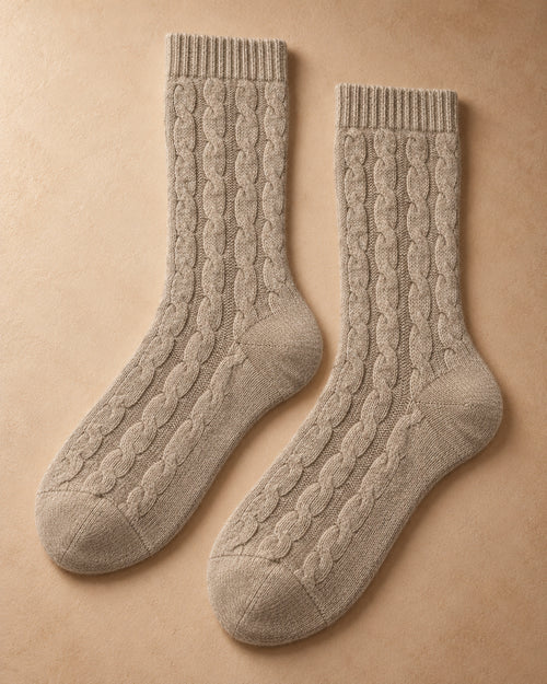 Airag Cashmere Cable-Knit Socks, Beige, flat view
