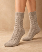 Airag Cashmere Cable-Knit Socks, Beige, worn view
