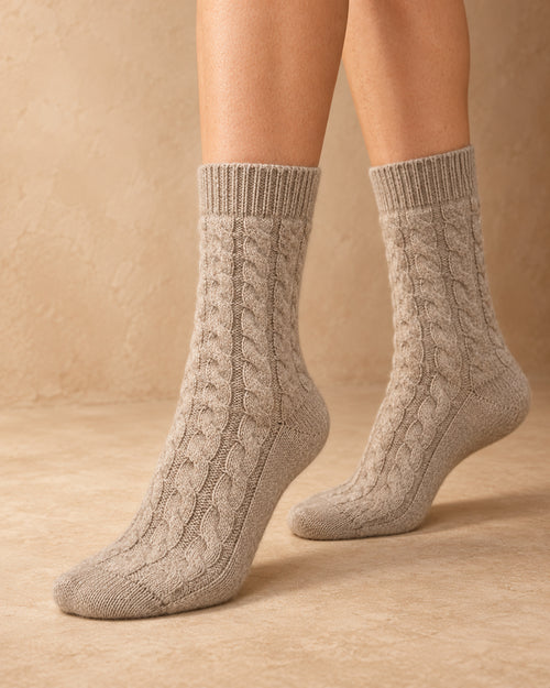 Airag Cashmere Cable-Knit Socks, Beige, worn view