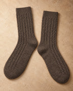 Airag Cashmere Cable-Knit Socks, Brown, flat view