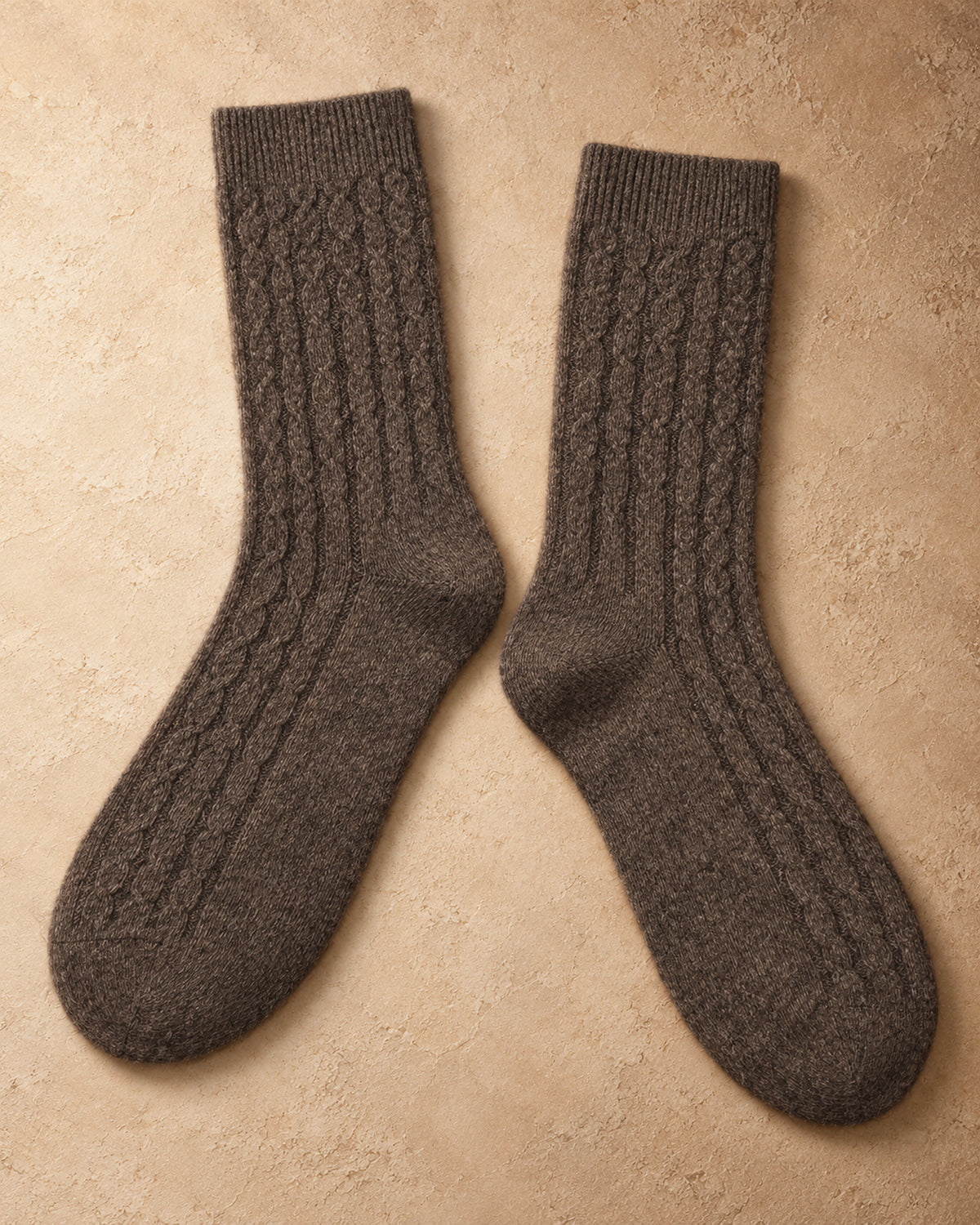 Airag Cashmere Cable-Knit Socks, Brown, flat view