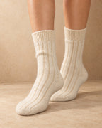Boortsog Cashmere Ribbed Socks, Cream, worn view
