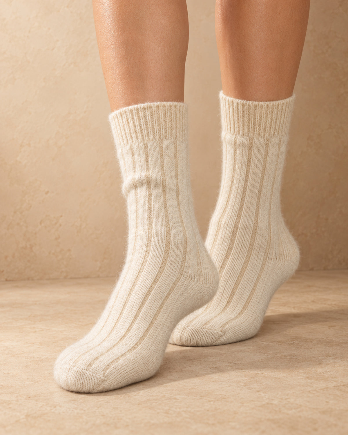 Boortsog Cashmere Ribbed Socks, Cream, worn view