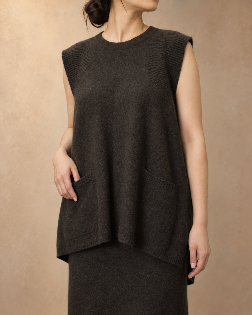 Long Vest with Back Buttons in Yak Wool, Brown, 3q view