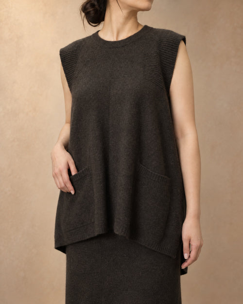 Long Vest with Back Buttons in Yak Wool, Brown, 3q view