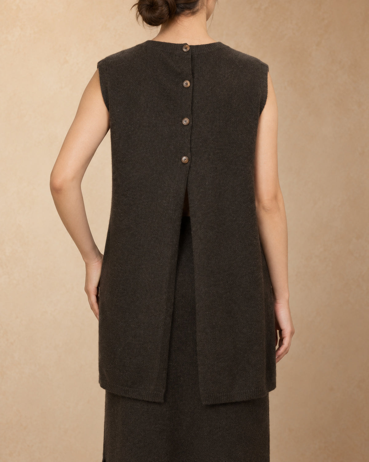 Long Vest with Back Buttons in Yak Wool, Brown, back view