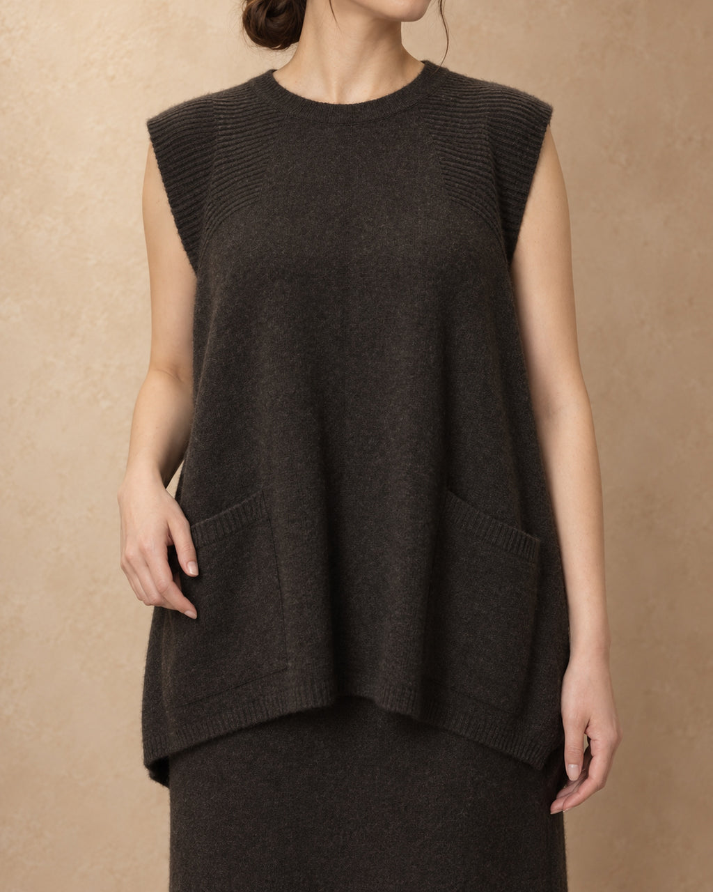 Long Vest with Back Buttons in Yak Wool, Brown, front view