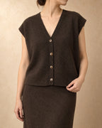 Short Button Vest in Yak Wool, Brown, 3q view