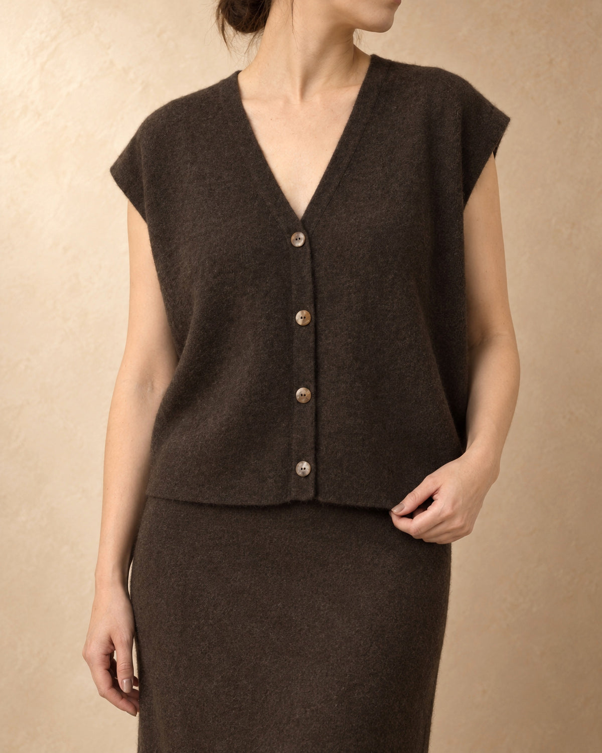 Short Button Vest in Yak Wool, Brown, 3q view