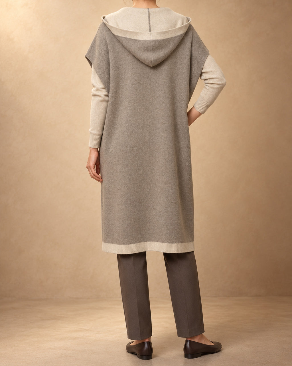 Tolbo Cashmere Long Hooded Knit Vest, Beige, back view
