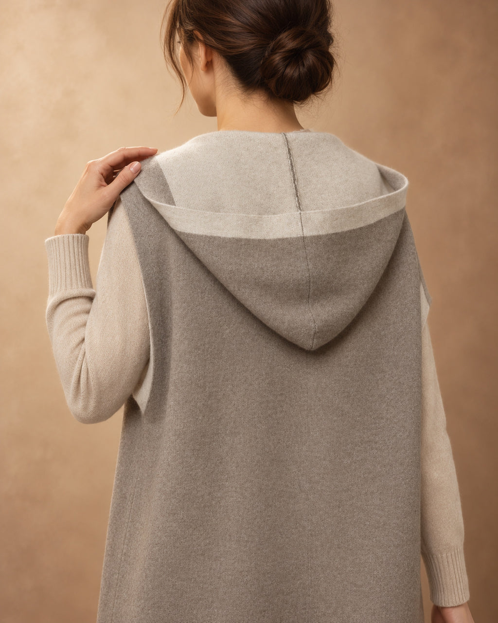 Tolbo Cashmere Long Hooded Knit Vest, Beige, detail view