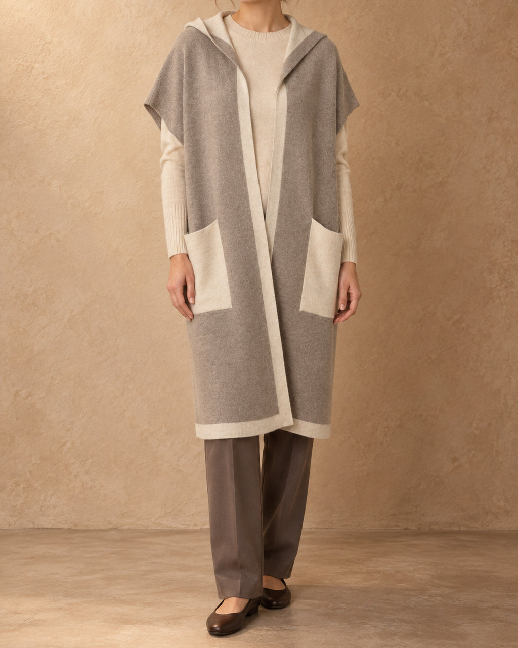 Tolbo Cashmere Long Hooded Knit Vest, Beige, front view