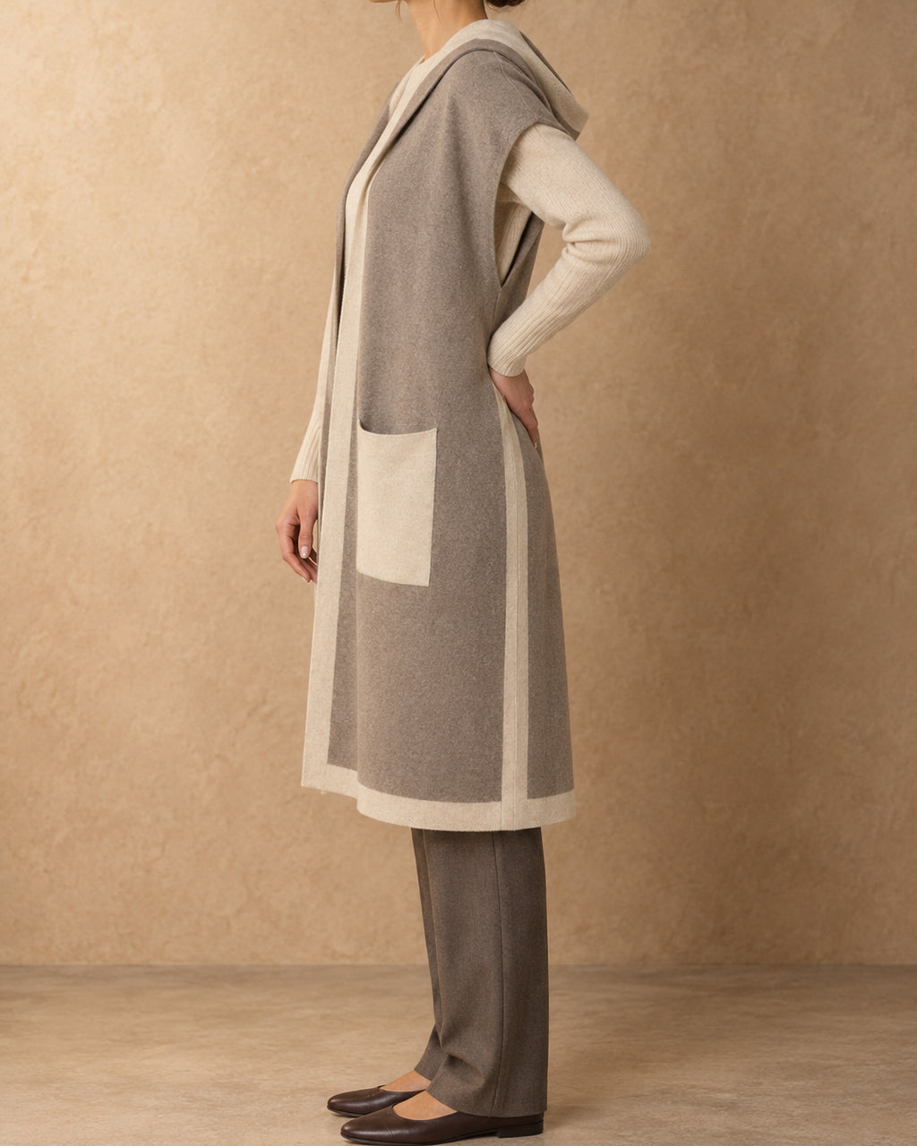 Tolbo Cashmere Long Hooded Knit Vest, Beige, side view