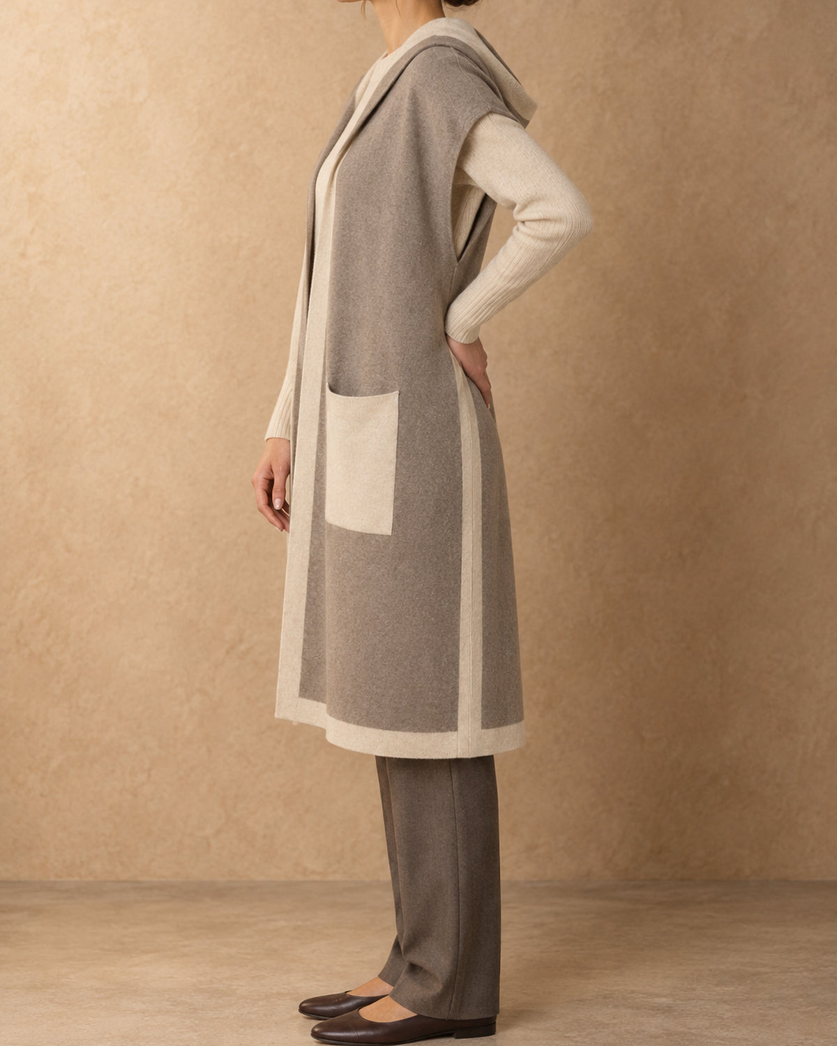 Tolbo Cashmere Long Hooded Knit Vest, Beige, side view
