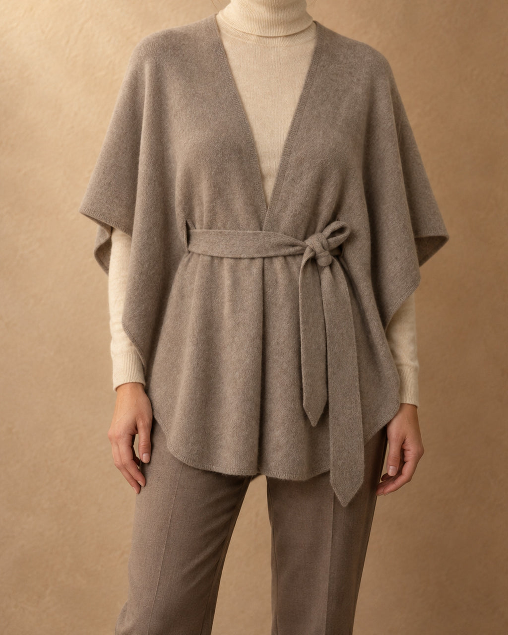 Belted Cape Poncho in Cashmere, Grey, front view