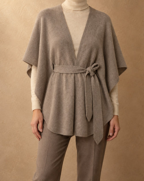 Belted Cape Poncho in Cashmere, Grey, front view
