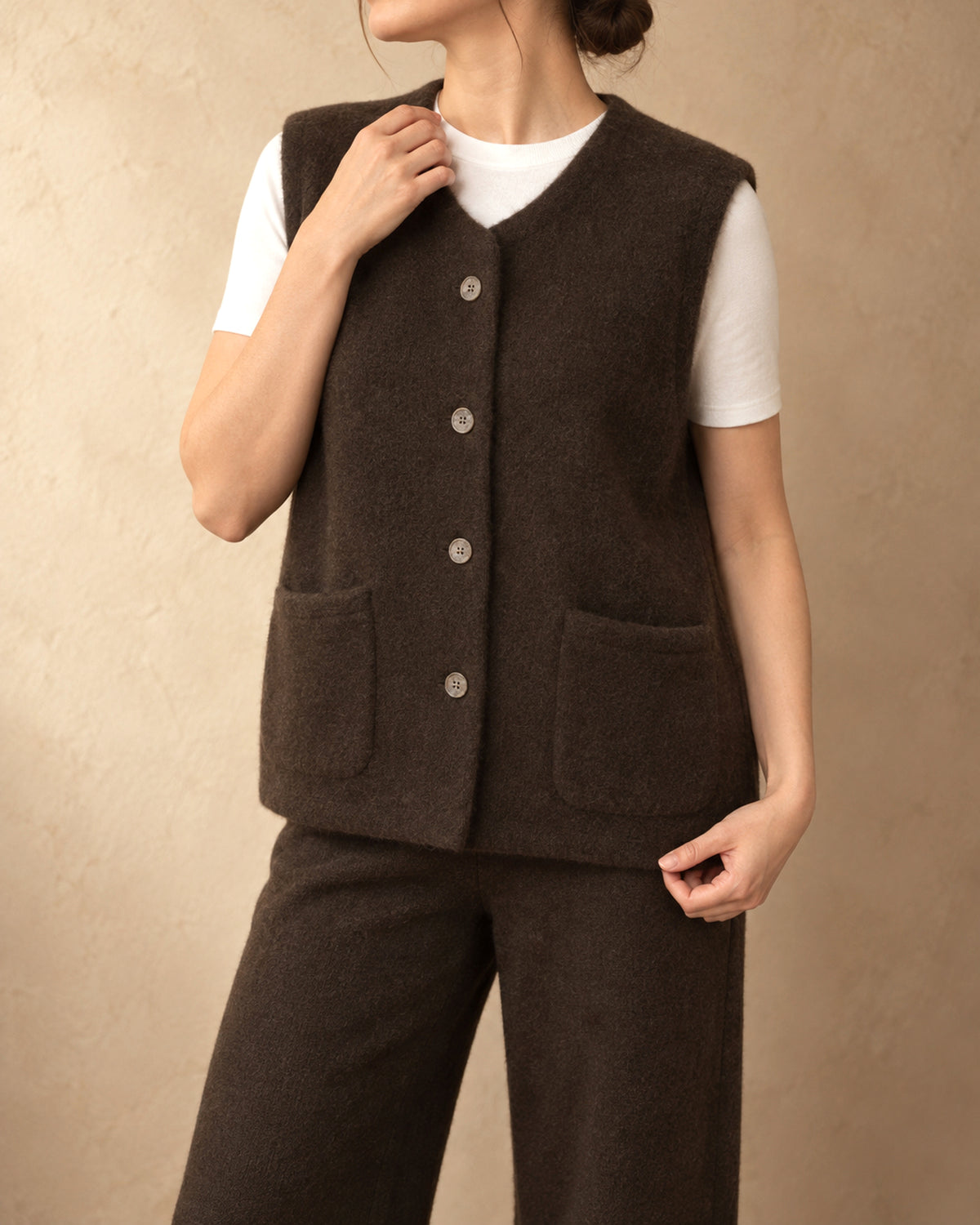 Button Vest with Pockets in Yak Wool, Brown, 3q view