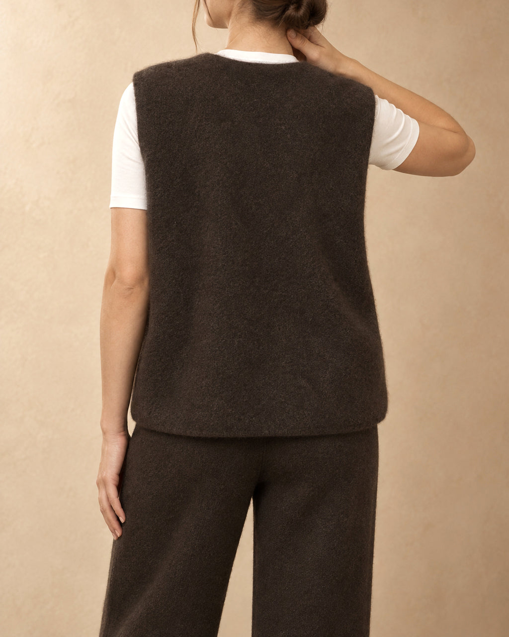 Button Vest with Pockets in Yak Wool, Brown, back view