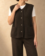Button Vest with Pockets in Yak Wool, Brown, front view