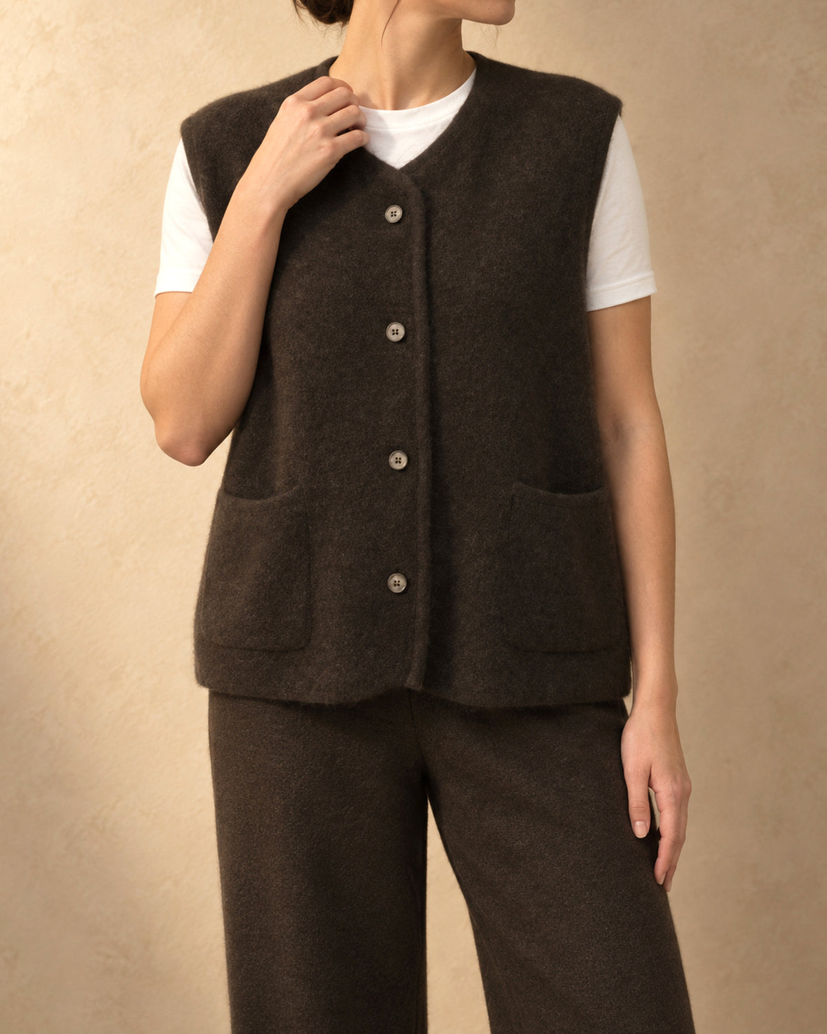 Button Vest with Pockets in Yak Wool, Brown, front view