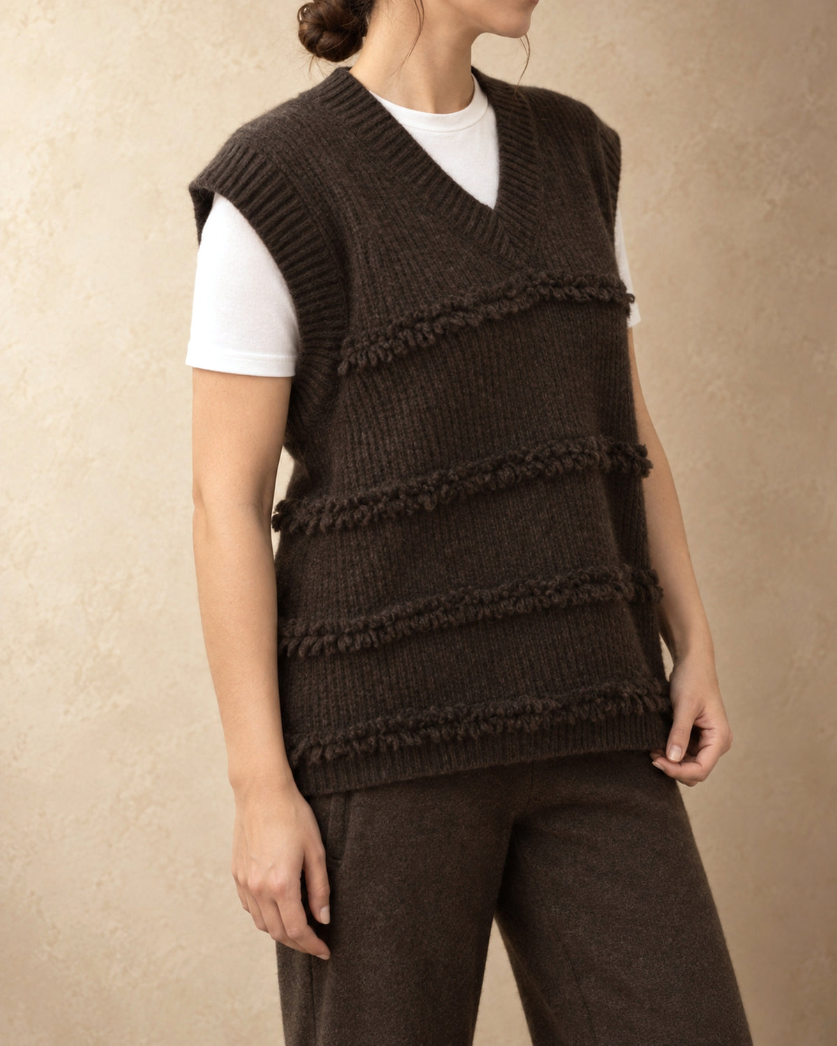 Ribbed V-Neck Vest with Loop Bands in Yak Wool, Brown, 3q view