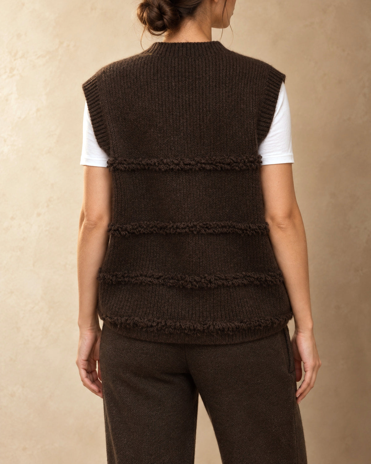 Ribbed V-Neck Vest with Loop Bands in Yak Wool, Brown, back view