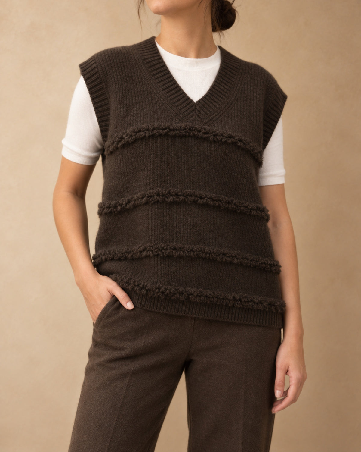 Ribbed V-Neck Vest with Loop Bands in Yak Wool, Brown, front view