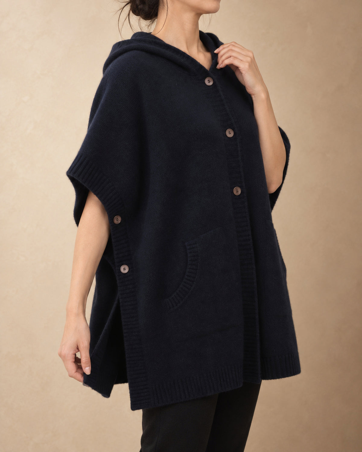Hooded Button Poncho in Yak Wool, Dark navy, 3q view