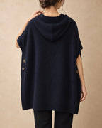 Hooded Button Poncho in Yak Wool, Dark navy, back view