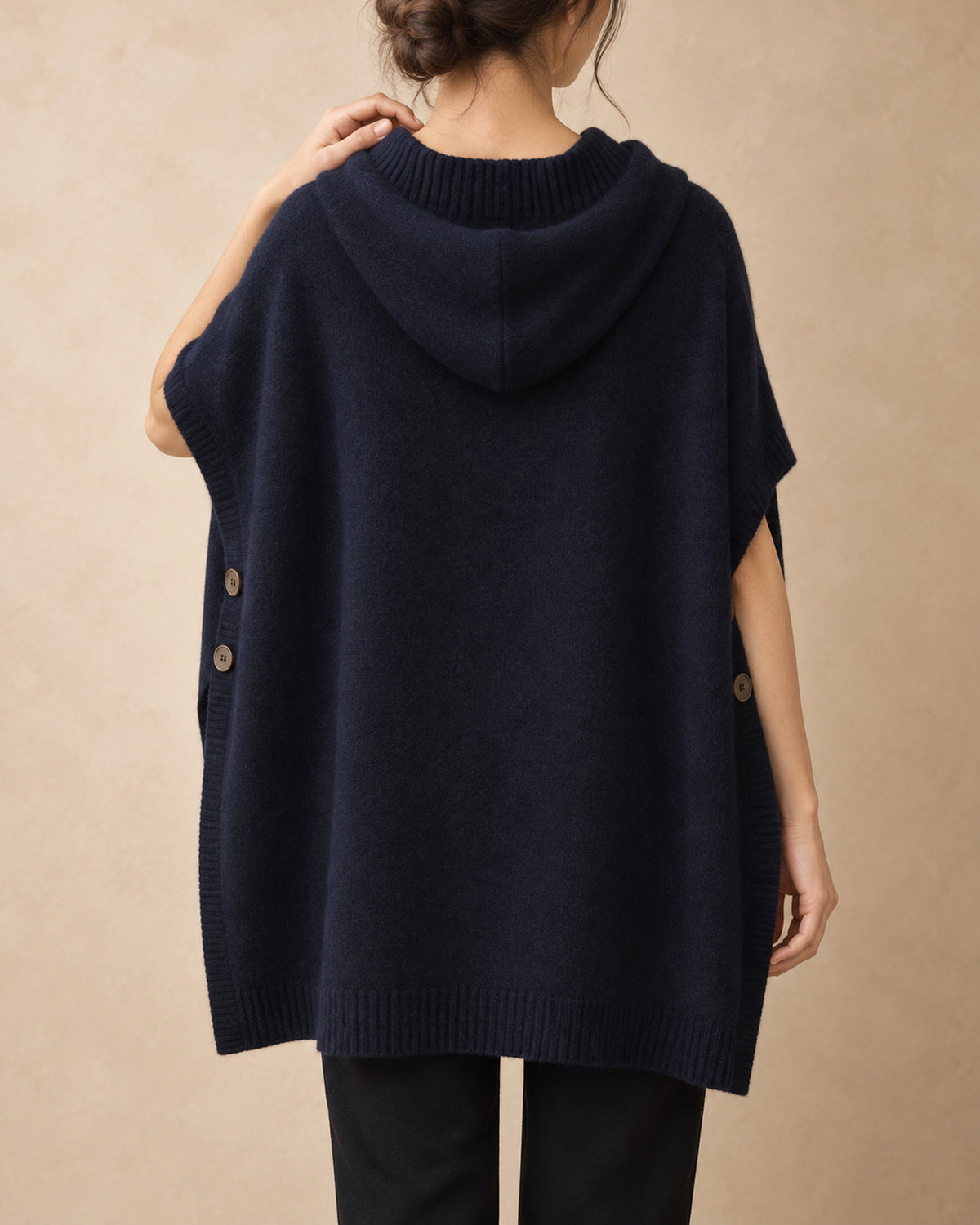 Hooded Button Poncho in Yak Wool, Dark navy, back view
