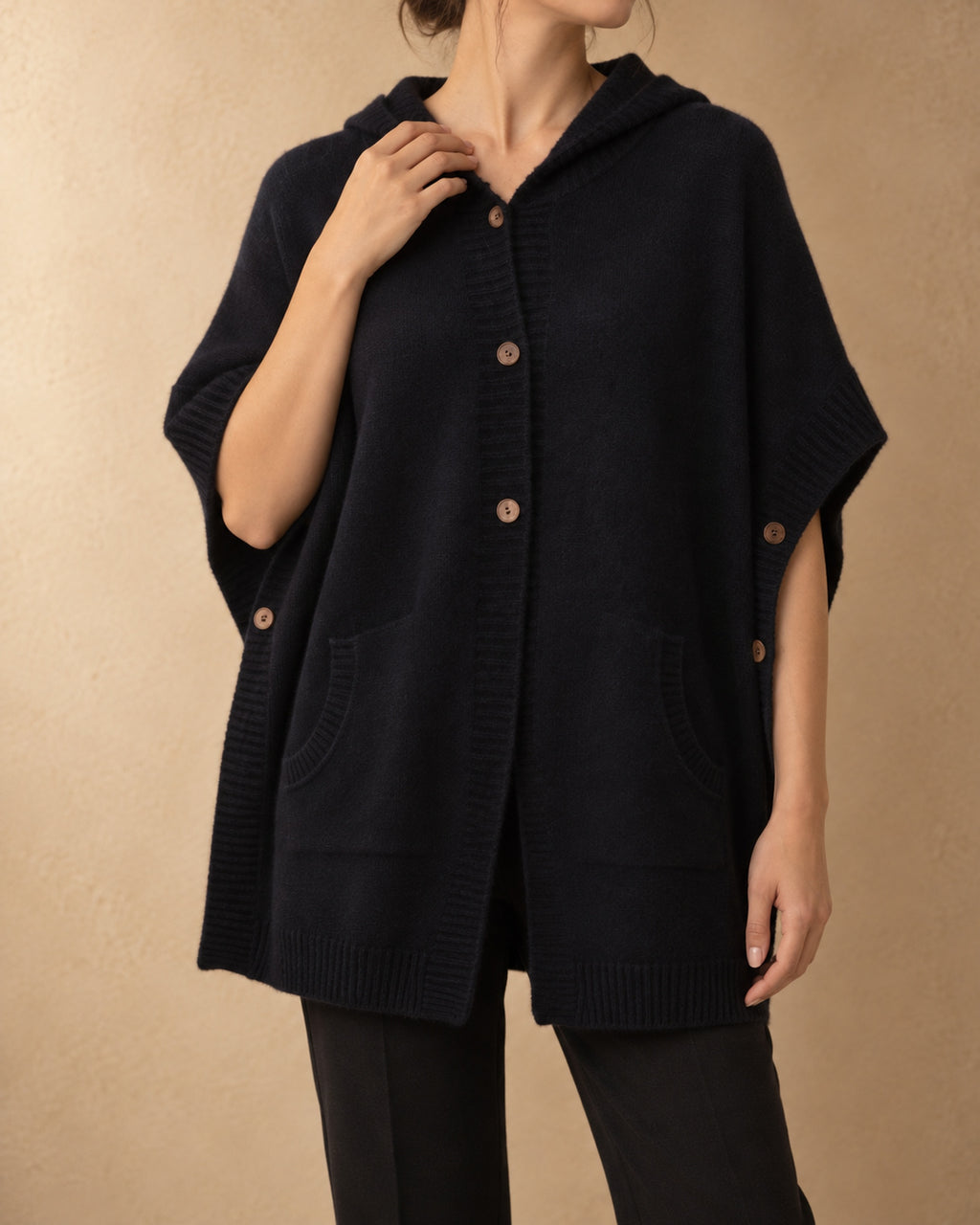 Hooded Button Poncho in Yak Wool, Dark navy, front view
