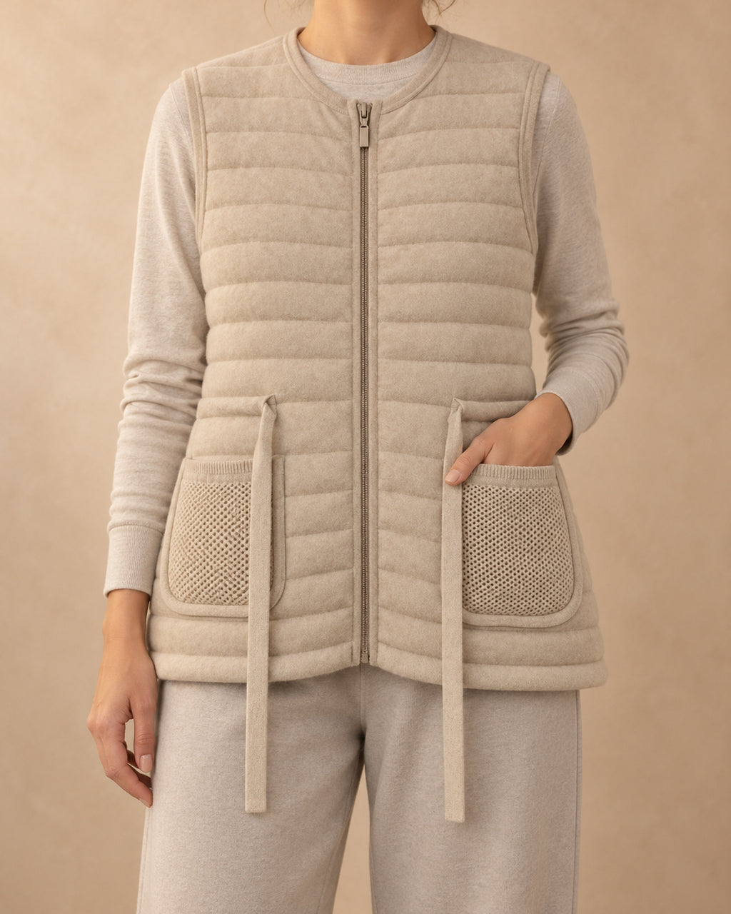 Thistle Cashmere Quilted Knit Vest, Beige, detail view
