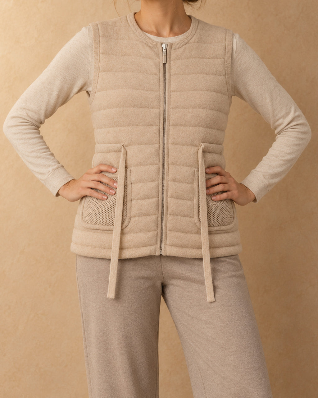 Thistle Cashmere Quilted Knit Vest, Beige, front view