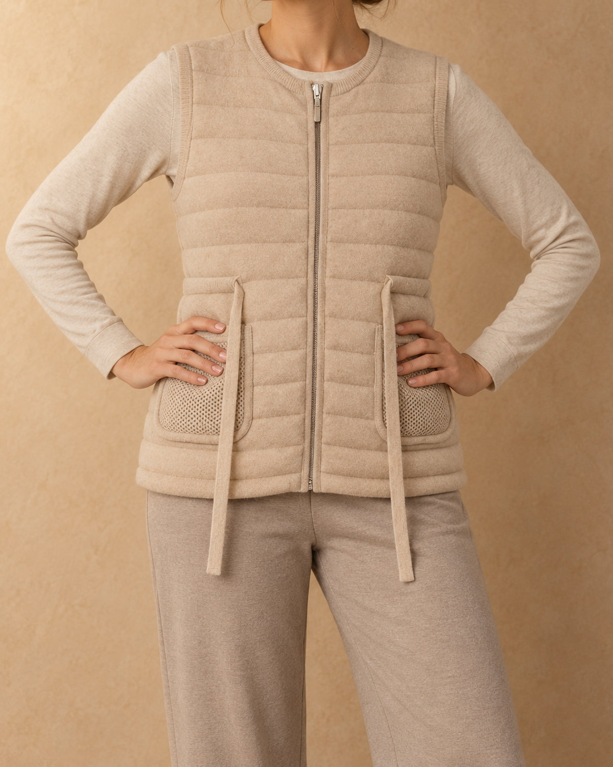 Thistle Cashmere Quilted Knit Vest, Beige, front view